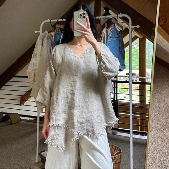 Match Point Linen Top Oversized Lagenlook Sz M Brown/Tan Lagenlook Minimalist - Picture 4 of 8